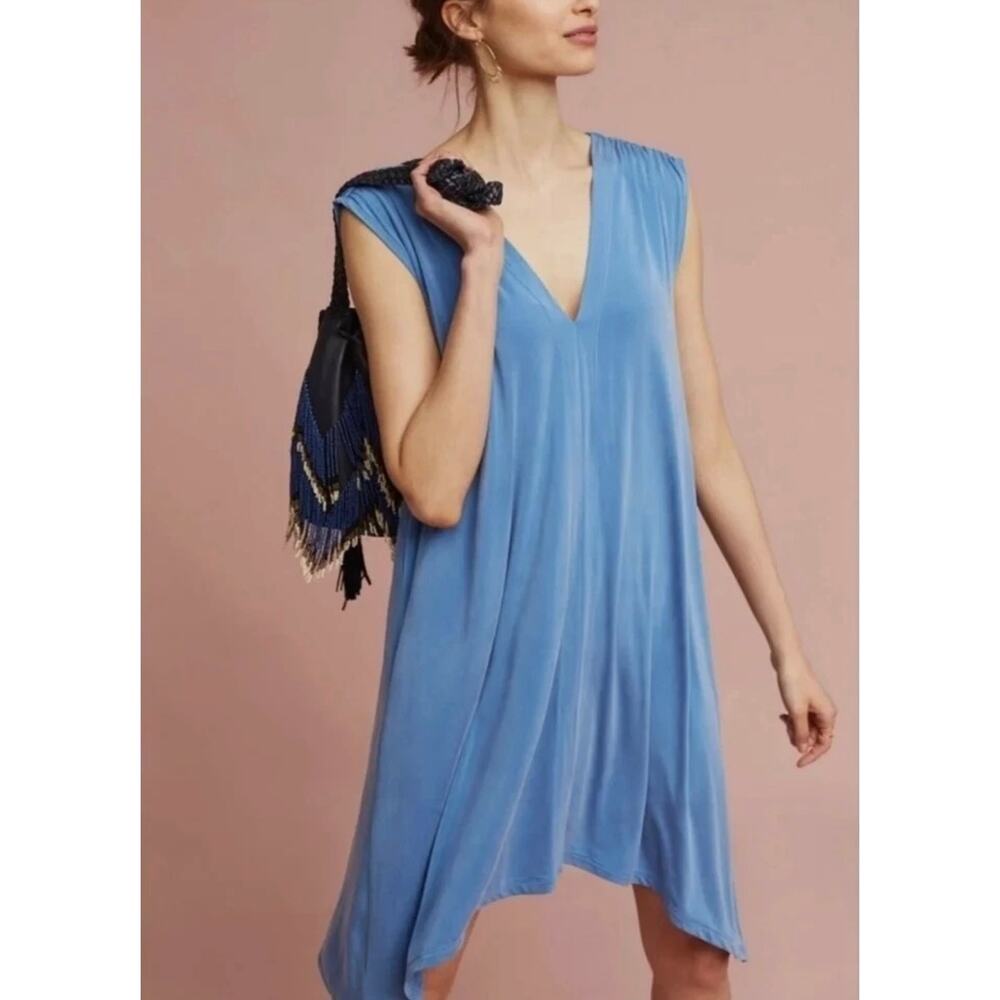 Eri & Ali Anthropologie Womens M Blue Briella High V Neck Sleeveless Midi Dress